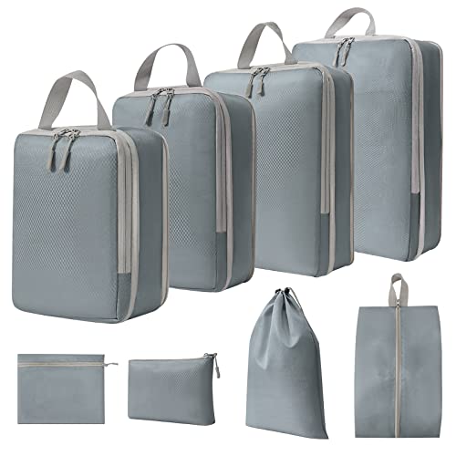 WOOMADA Compression Packing Cubes for Suitcases Travel Essentials 8 Set Expandable Travel Bags Organizer for Luggage(concrete grey) - color: B-concrete grey, size: 8 set