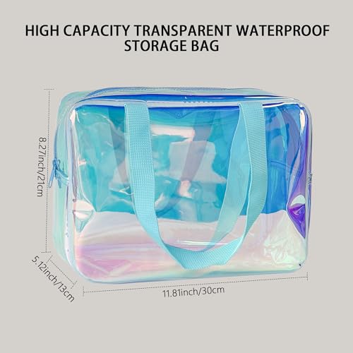 Holographic TPU Makeup Bag - Blue Rainbow Cosmetic Pouch, 11.81x4.3x8.26inches Waterproof Large Clear Travel Bag for Travel & Organizer (A230023-298-5) - color: Holographic Blue1