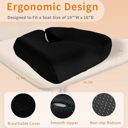 Coccyx Cushion for Tailbone Pain Relief - Ergonomic Seat Cushion for Office Chair, Car & Wheelchair Use with Sciatica Support