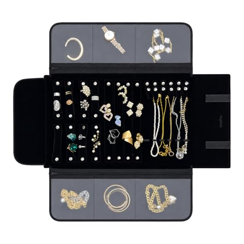 UnionPlus Velvet Jewelry Roll Organizer, Travel Jewelry Case with Multiple Compartments for Rings Earrings Necklaces Bracelets, Compact Portable Jewelry Storage - color: Black, size: Regular Plus