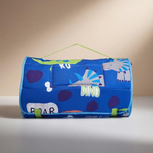 EVERYDAY KIDS Nap Mat with Removable Pillow - Roarin' Dinos - Carry Handle with Straps Closure, Rollup Design, Soft Microfiber for Preschool, Daycare, Travel Sleeping Bag - Ages 3-6 Years - color: Roarin Dinos
