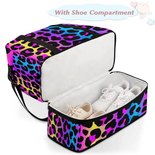 Travel Duffle Bags With Shoes Compartment for Women Men Rainbow Cheetah Leopard Print Lightweigh Sports Tote Gym Bag Foldable Canvas Weekender Overnight Carry On Luggage Handle Bag - color: A05:Rainbow Cheetah Leopard