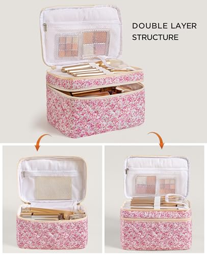 HBselect 2Pcs Travel Makeup Bag, Large Cotton Quilted Makeup Bag Cosmetic Bag Cute Make up Bag Toiletry Bags for Women Girls - color: 2PCS-FLOWER5