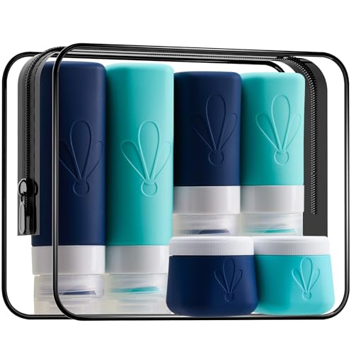 INSFIT travel bottles for toiletries 6 Pack, Leak proof Travel Size Toiletries Containers with toiletry bag, Squeezable Silicone Bottles & Cream Jars, Travel Essentials BPA-Free set for Shampoo - color: 6Pack Blue