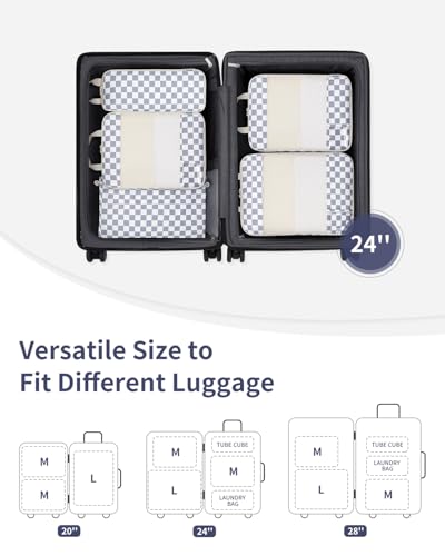 Narwey 6 Set Compression Packing Cubes for Travel Women Men, Travel Cubes for Carry On Suitcase, Durable Compression Luggage Organizer Bags - color: ZZ-Grayish Blue Checkerboard