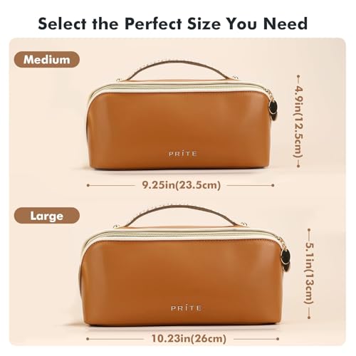 Prite Makeup Bag for Women Travel Waterproof Vegan Leather Cosmetic Bag Open Flat Toiletry Bag With Clear Divider and Handle (New Brown, Medium) - color: New Brown, size: Medium