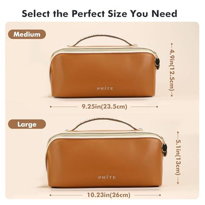 Prite Makeup Bag for Women Travel Waterproof Vegan Leather Cosmetic Bag Open Flat Toiletry Bag With Clear Divider and Handle (New Brown, Medium) - color: New Brown, size: Medium