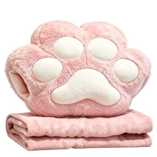 RYOLOY Cat Paw Warm Hand Pillow,with 66 * 35Inch Travel Blanket,2 in 1 Travel Pillow and Blanket Set,for Car Office Camping Essentials (Pink) - color: Pink