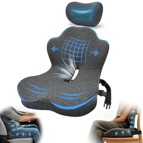 3-in-1 Memory Foam Seat Cushion & Headrest Pillow with Lumbar Support L-Shaped Ergonomic Driver Seat Cushions Design for Sciatica and Tailbone Pain Relief Comfort for Car,Truck,Chair - size: 19''x16.14''x13.18''