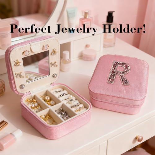 Travel jewelry case Travel jewelry box Travel Jewelry Organizer Small box Gift for Girls Women with Mirror (Pink + R) - color: Pink R