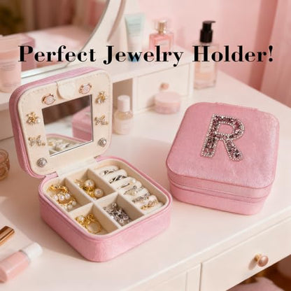 Travel jewelry case Travel jewelry box Travel Jewelry Organizer Small box Gift for Girls Women with Mirror (Pink + R) - color: Pink R