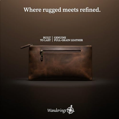 WANDERINGS Genuine Leather Pencil Pouch Case - Large 11" x 6.5" (28 x 16cm) - Hand Crafted Brown Leather Zipper Pouch - Slim Pencil Case Holder for Men and Women - size: Large (11"x6.25")