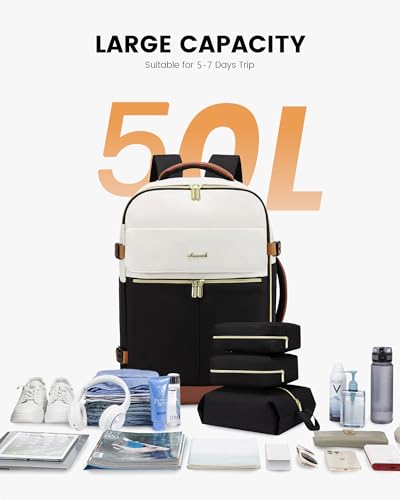 LOVEVOOK Travel Backpack for Women, TSA Carry On Backpack Flight Approved Luggage, 50L Water Resistant Personal Item Daypack Large Weekender Bag fit 18 inch Laptop with 3 Cubes, Beige-black-brown - color: Beige-black-brown, size: 50L-18 Inch-4Pcs
