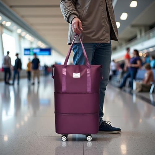 Expandable Foldable Duffel Bag with Detachable Wheels, 64L Large Capacity Rolling Travel Duffle Bag, Lightweight Carry on Luggage with Spinner Wheels, Weekend Gym Tote Bag (Deep Purple) - color: Deep Purple