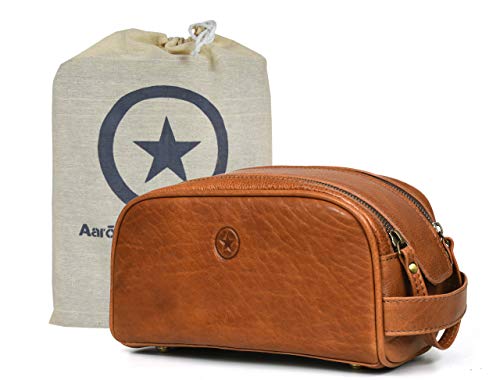 Leather Toiletry Bag for Men | Grooming Travel Kit | With Waterproof Lining | By Aaron Leather Goods - color: Tawny