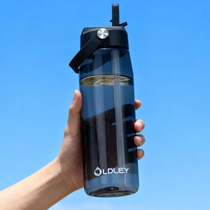 OLDLEY 32 oz Water Bottle with Straw, Leakproof Sports Water Bottle with Carry Strap, BPA-Free Large Water Bottles for Home,Travel, School, Outdoors, Gym, Tritan, Black - color: Black