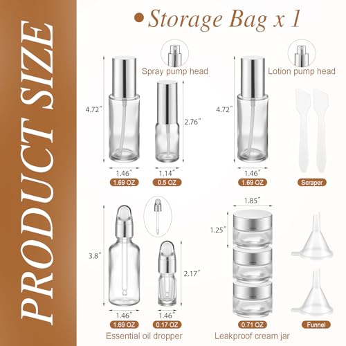 Jingmore 13 Pcs Glass Skincare Travel Containers Mini Makeup Containers Travel Size Toiletries Bottles with Pump Spray and PU Leather Toiletry Bag for Liquid Serum Cream Moisturizers Oils (Silver) - color: Silver