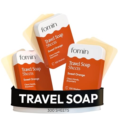 FOMIN - Paper Soap Sheets for Traveling - 300 Orange Portable Hand Soap Sheets for Travel in Tin - Dissolvable Mini Portable Travel Soap Sheet for Hand Washing, Camping and Hiking - color: Orange (Pack of 3)