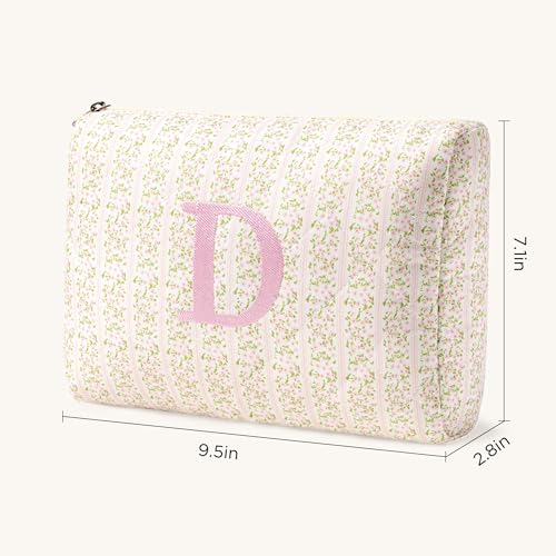 HBselect Initial Quilted Makeup Bag, Pink Cosmetic Travel Toiletry Bag, Flowers Coquette Zipper Make Up Pouch Organizer Teen Girl Gift Trendy Stuff D - color: 1Pc Medium Pinkflower, style: D