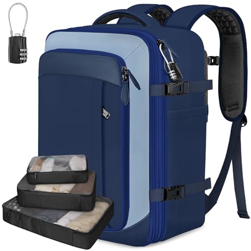 Vancropak 40L Carry On Travel Backpack, Flight Approved Expandable Weekender Bag with 3 Packing Cubes, Suitcase Backpack Fits 17" Laptop, Water Resistant Anti Theft Daypack Bag for Men Women, Blue - color: Blue