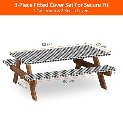 5ft Picnic Table and Bench Cover, Camping Essentials RV Gear, 60 in Waterproof Windproof Outdoor Elastic All Around Tablecloth, Fitted Rectangle Tables and Seats, Black-White Checkered - color: Black-white Checkered, size: 60"