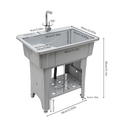 Laundry Sink, Freestanding Plastic Laundry Sink With Washboard Utility Sink Laundry Tub Indoor and Outdoor Utility Sink with Faucet Hoses Drain Kit for Laundry Room Washing Room Garden Garage - color: 31.5*22.05*31.5in -Gray