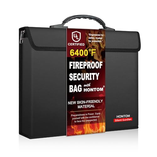 Hontom Fireproof Document Bag with 2 Pockets, 6400℉ Upgraded Material Fireproof Money Bag with Lid, Travel Home Fire Safe Storage Cash Pouch for Important Documents - color: Black, size: 13.6"x1.9"x10.7"