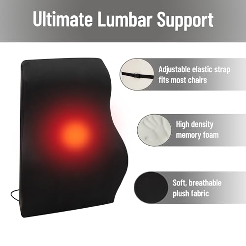 Mind Reader Heated Lumbar Support Cushion with Gentle Heat and Timer, Memory Foam Lower Back Pillow for Office Chair and Home Use, Black