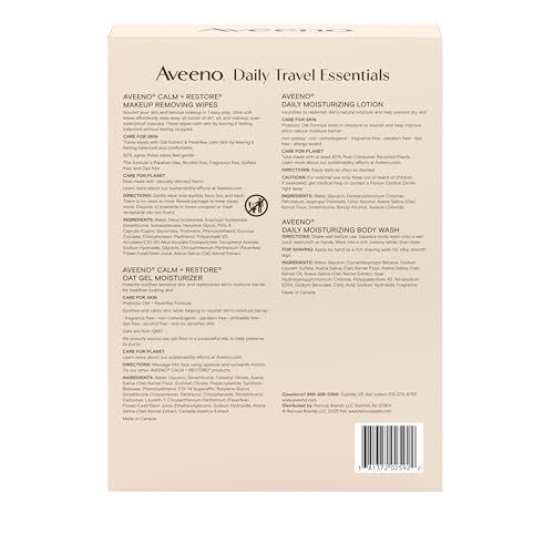 Aveeno Daily Travel Essentials Gift Set with Daily Moisturizing Lotion, Daily Moisturizing Body Wash, Calm + Restore Makeup Removing Wipes, & Calm + Restore Oat Gel Moisturizer, 4 items - size: 4.5 Fl Oz (Pack of 4)