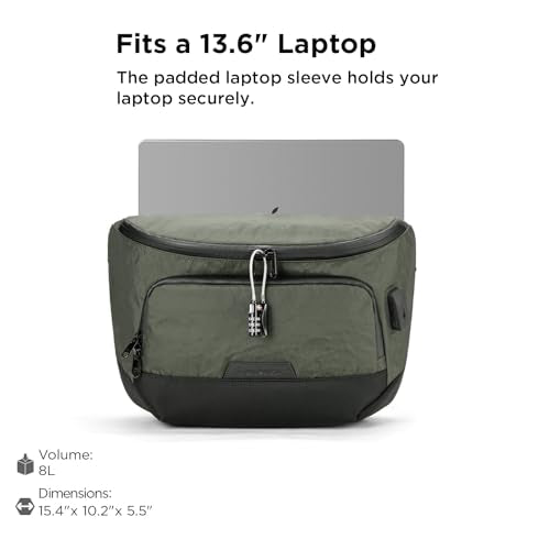ALPAKA Bravo Sling Max, 8L RFID-Blocking Sling Laptop Bag for Men with Maglockz Buckle, Lockable Zips & External USB Port - color: Dark Green