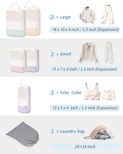 Narwey 6 Set Compression Packing Cubes for Travel Women Men, Travel Cubes for Carry On Suitcase, Durable Compression Luggage Organizer Bags - color: ZY-Stripe Combined