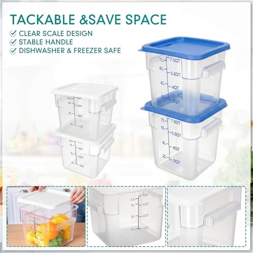 Lallisa 4 Pcs 8qt & 4qt Clear Food Storage Containers with Lids Handles and Scales, Stackable Plastic Square Food Storage Containers for Dough Proofing Baking Kitchen Restaurant(White, Blue) - color: White, Blue