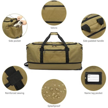 Laripwit Collapsible Duffle Bag with Wheels 130-170L Extra Large Expandable Travel Duffel Bag for Men Women Heavy Duty Military Duffle Bag for Camping Rolling Foldable Carry On Luggage, Brown - color: Brown