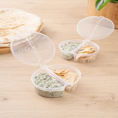 Restaurantware Futura 4 Ounce Snack Containers 100 Microwavable Sauce Containers - 2 Compartments Hinged Lid Clear Plastic Portion Cups For Condiments Or Dips - size: 6 oz