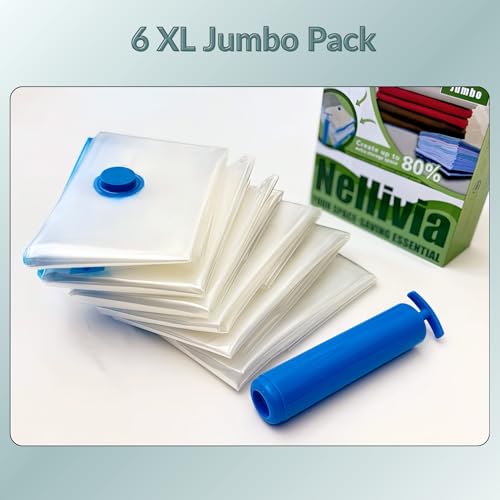 6 Jumbo XL Vacuum Storage Bags with Pump, Extra Large Compression Space Saver for Comforter, Duvet, Blanket, Bedding Storage, Vacuum Seal Bags for Clothing, Luggage Suitcase and Closet Organizer - size: 6 Jumbo XL