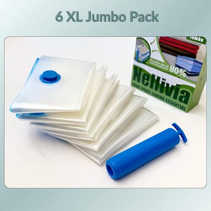 6 Jumbo XL Vacuum Storage Bags with Pump, Extra Large Compression Space Saver for Comforter, Duvet, Blanket, Bedding Storage, Vacuum Seal Bags for Clothing, Luggage Suitcase and Closet Organizer - size: 6 Jumbo XL