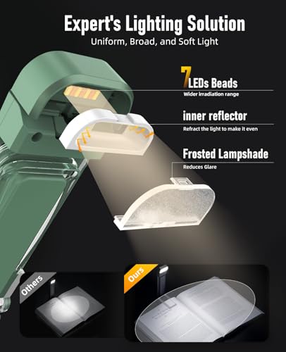 HIONXMGA Book Reading Light,Silent Touch Books Lamp for Reading in Bed,Rechargeable Clip on Booklight with 3 Amber Colors & 7 LEDs Precise Dimming for Eye Caring Night Reading,Book Lovers,Kids,Green - color: Green