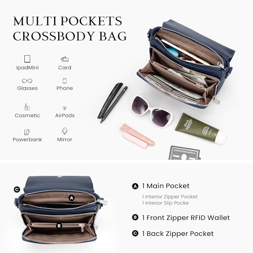 befen Genuine Leather Crossbody Bags for Women Medium Purse with Built in RFID Wallet Womens Soft Cross Body Purse - color: Navy Blue