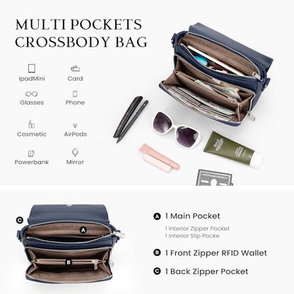 befen Genuine Leather Crossbody Bags for Women Medium Purse with Built in RFID Wallet Womens Soft Cross Body Purse - color: Navy Blue