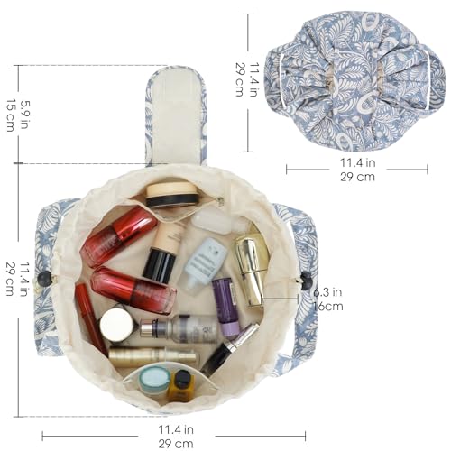 Narwey Barrel Drawstring Makeup Bag Large Cosmetic Bag Make up Bags Toiletry Organizer for Women (Blue Leaf) (Patent) - color: Y-Blue Leaf