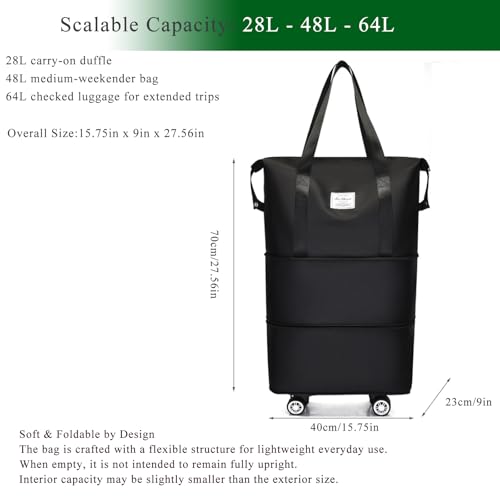 Expandable Foldable Duffel Bag with Detachable Wheels, 64L Large Capacity Rolling Travel Duffle Bag, Lightweight Carry on Luggage with Spinner Wheels, Weekend Gym Tote Bag (Black) - color: Black