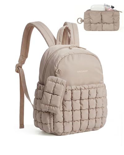 BAGSMART Mini Backpacks for Women, Puffy Checkered Quilted Small Backpack with Pouch, Lightweight Daypack Purse, Water-Resistant Bookbag for Daily Travel College, 2-in-1 Set, Brown - color: Latte Brown