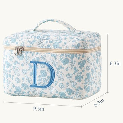 HBselect Initial Quilted Makeup Bag, Cotton Large Travel Makeup Bag, Cute Floral Coquette Make up Bag Cosmetic Bag Toiletry Bag for Women Girls D - color: 1Pc Large Blueflower, style: D
