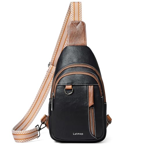 LATMAP 7L Sling Bag for Women Men Leather Small Sling Backpack Daypack Anti Theft Fanny Pack Crossbody Purse Travel - color: Regular Size-black With Brown