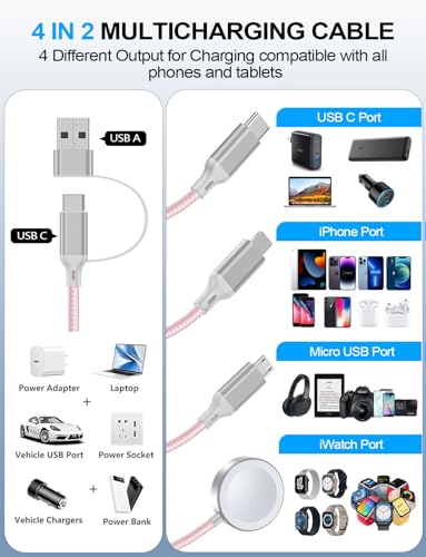 Travel Essentials,Multi Charging Cable for Apple Watch Charger/iPhone Charger/Samsung Charger,USB A & Type C Power Cable for iWatch Ultra/10-2/iPhone 17-11/Samsung S26,Serial Cables,Car[1.2M] - color: 2-Pink+Pink, size: 1.2M