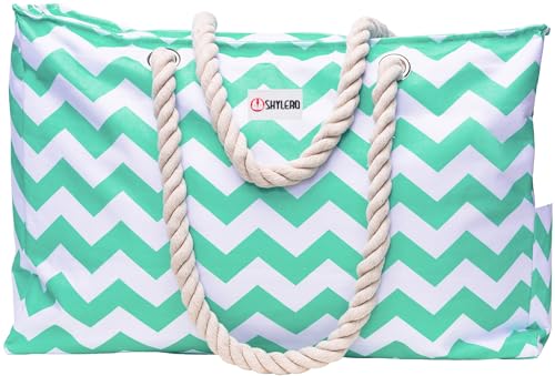 Beach Bag and Pool Bag Has Cooler Pocket, 7 Pockets Total, Zip Top. Family Size Waterproof Beach Tote - color: Turquoise Green Turtle
