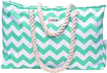 Beach Bag and Pool Bag Has Cooler Pocket, 7 Pockets Total, Zip Top. Family Size Waterproof Beach Tote - color: Turquoise Green Turtle