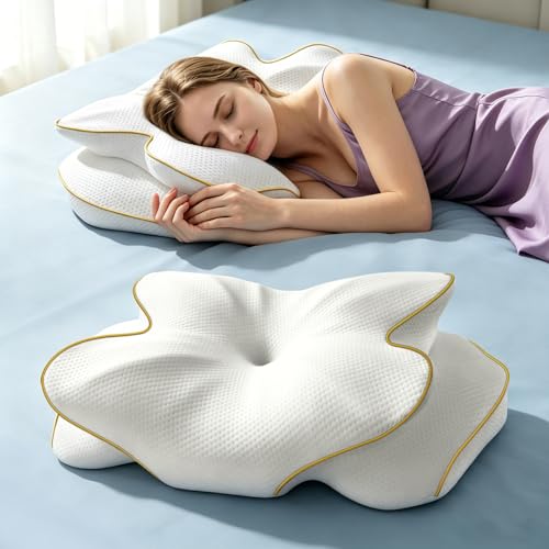 AZBESTPRO Memory Foam Cervical Pillow for Neck Support & Pain Relief, Butterfly Ergonomic Design – 24×15.75×5.7 Inches, Removable 100% Polyester Pillowcase, Suitable for Side & Back Sleepers (Gold) - color: Gold