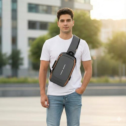Unisex Anti-Theft Sling Bag with USB Port, Water-Resistant Crossbody Chest Backpack for Travel & Work - color: Grey & Golden