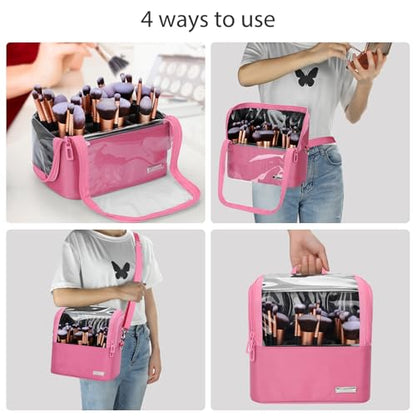TANTO Makeup Brush Case Stand-up Makeup Cup Makeup Brush Holder Travel Professional Cosmetic Bag Artist Storage Bag Large Makeup Bag with Adjustable Divide (Rose Pink, 1-Large) - color: Rose Pink, size: 1-Large